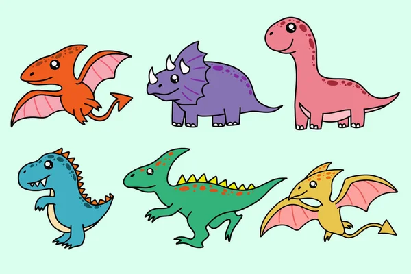 Set Collection Cute Dinosaurs Fossil Cartoon Doodle Character Hand Drawn — Vettoriale Stock