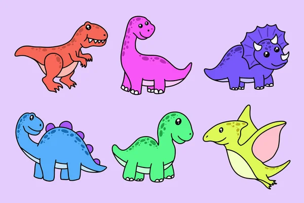 Roztomilá Sbírka Dino Fosilní Dinosauři Dítě Děti Zvířat Karikatura Doodle — Stockový vektor