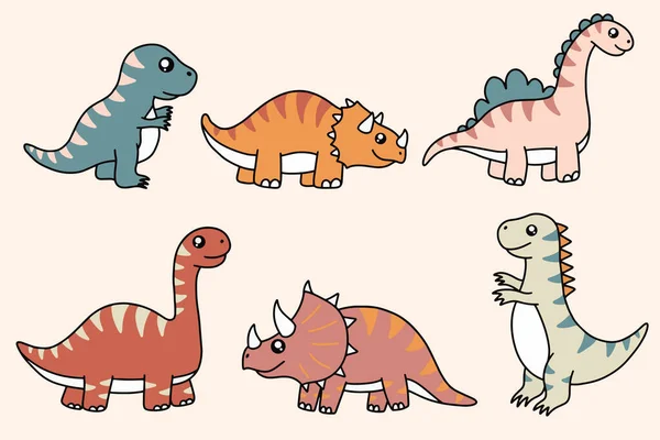 Cute Collection Dino Fossil Dinosaurs Baby Kids Animal Cartoon Doodle — Vettoriale Stock