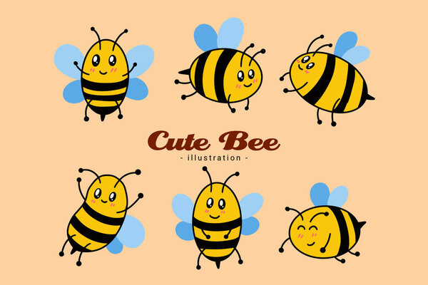 Set of Cute Bee Honey Animal with different pose cartoon clipart childish little bee mascot flat design
