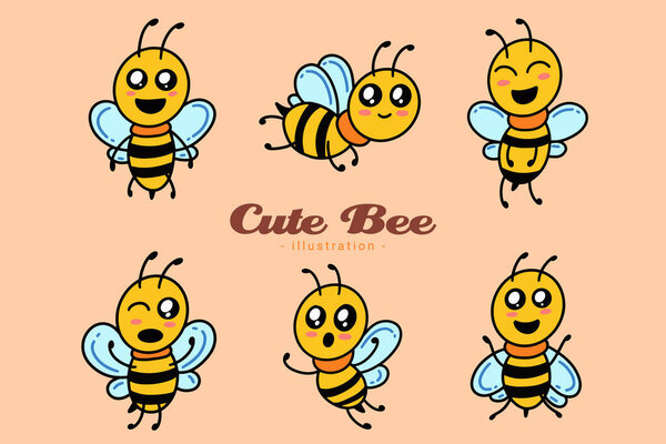 Set of Cute Bee Honey Animal with different pose cartoon clipart childish little bee mascot flat design