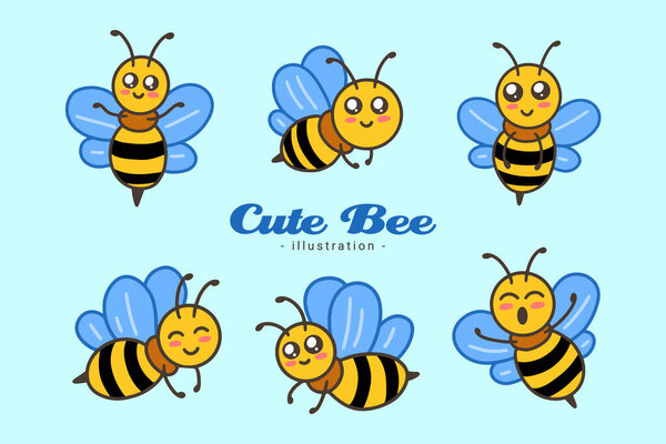 Set of Cute Bee Honey Animal with different pose cartoon clipart childish little bee mascot flat design