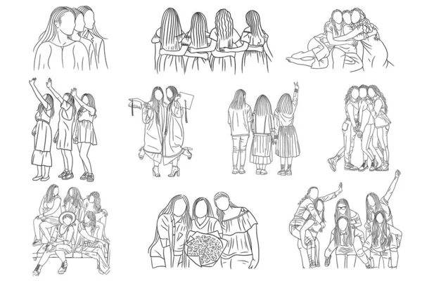 Set Mega Bundle Collection Line Art Happy Women Girl Friendship — Archivo Imágenes Vectoriales