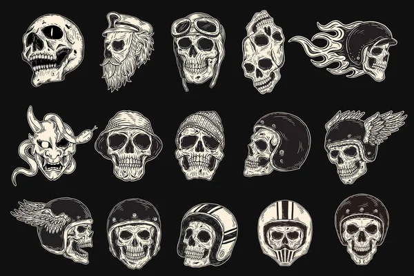 Set Mega Collection Bundle Hand Drawn Skull Rider Helmet Head — Stok Vektör