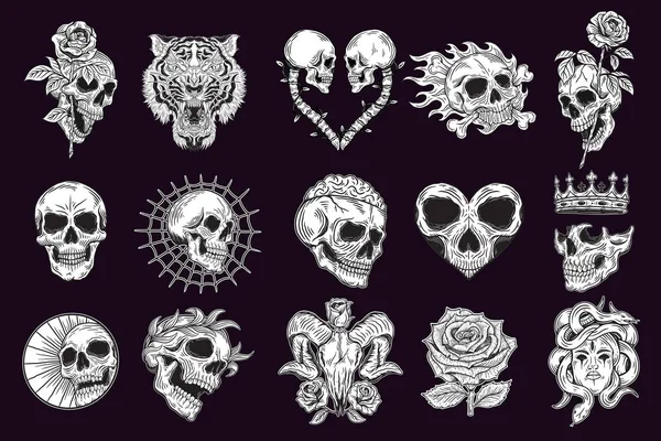 Set Mega Collection Bundle Hand Drawn Skull Bones Head Dark — Image vectorielle