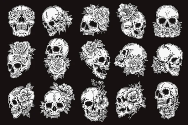 Set Mega Collection Bundle Hand Drawn Skull Rose Head Dark — Image vectorielle