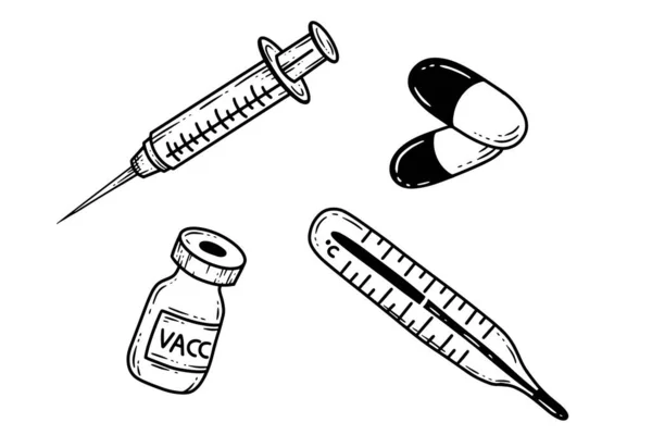 Set Medical Health Tools Thermometer Pillen Injector Vaccine Line Art — Stockvector