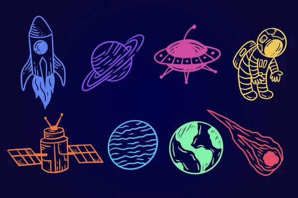Set Collection Planetary Space Galaxy Planets Cartoon Astronaut Hand Drawn — ストックベクタ