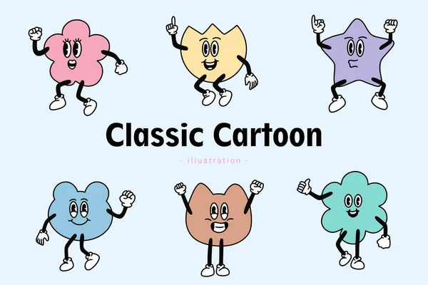 Set Cute Classic Vintage Cartoon Comic Emotion Happy Face Expression — Wektor stockowy