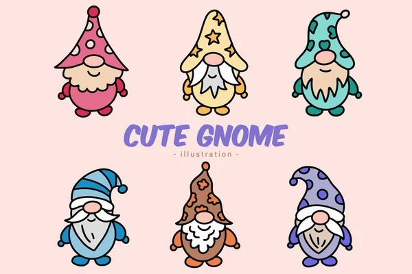 Set Cute Gnome Elf Hand Draw Cartoon Doodle Clipart Collection — Image vectorielle