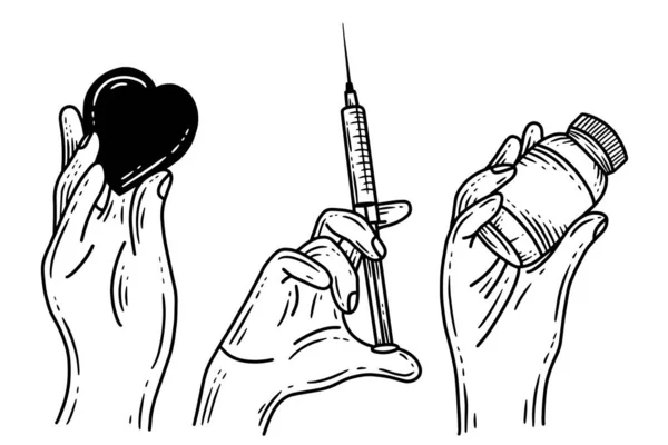 Set Medical Doctor Hand Gesture Gloves Hospital Line Art Illustration — Image vectorielle