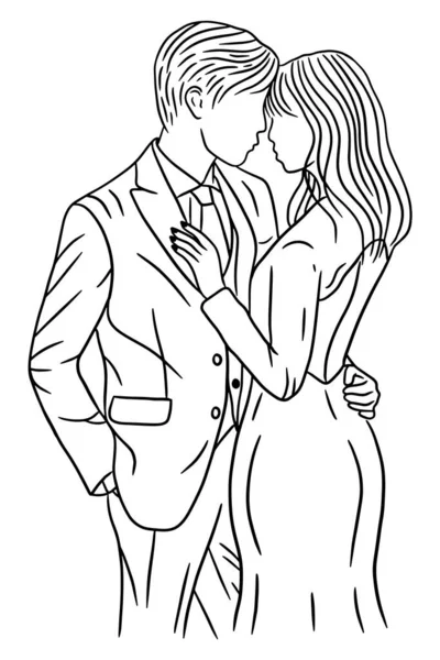 Couple Happy Wedding Women Men Wife Husband Line Art Illustration — Stock Vector