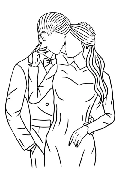 Couple Happy Wedding Women Men Wife Husband Line Art Illustration — Vector de stock