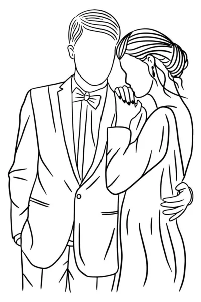 Couple Happy Wedding Women Men Wife Husband Line Art Illustration — Stockvector