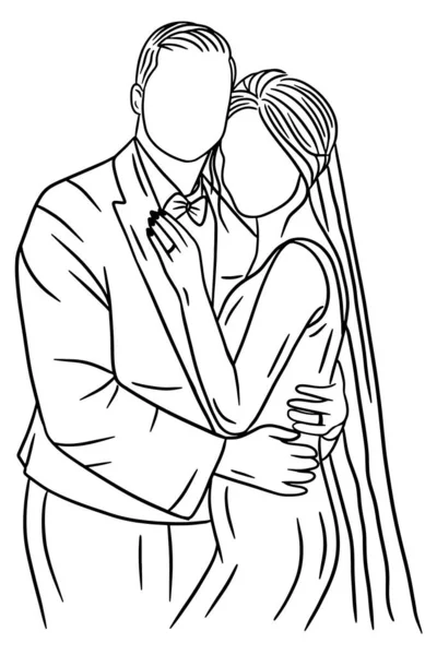Couple Happy Wedding Women Men Wife Husband Line Art Illustration — Archivo Imágenes Vectoriales