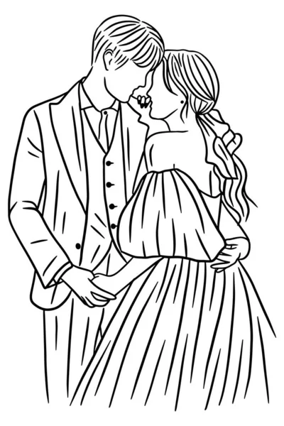 Couple Happy Wedding Women Men Wife Husband Line Art Illustration — Archivo Imágenes Vectoriales