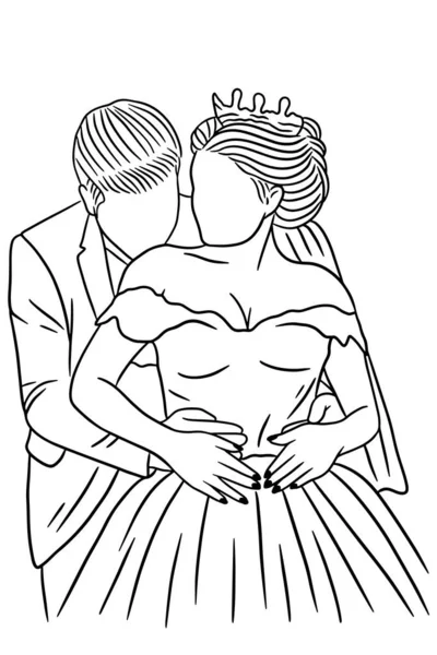 Para Szczęśliwy Ślub Kobiety Mężczyźni Żona Mąż Linia Sztuka Ilustracja — Wektor stockowy