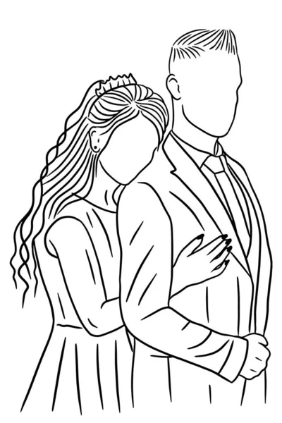 Couple Happy Wedding Women Men Wife Husband Line Art Illustration — 스톡 벡터