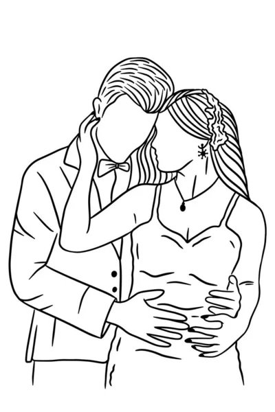 Couple Happy Wedding Women Men Wife Husband Line Art Illustration — Stok Vektör