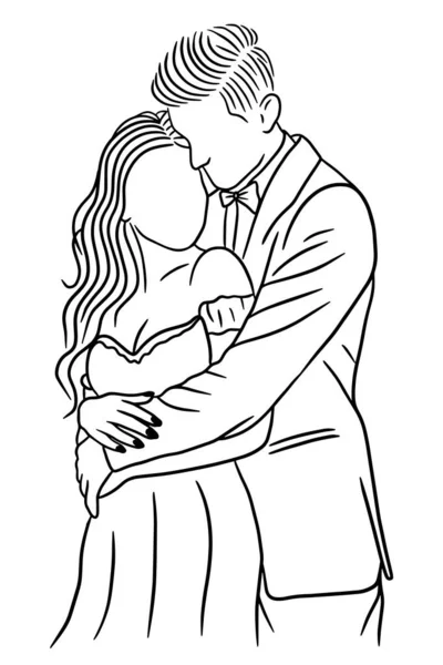Couple Happy Wedding Women Men Wife Husband Line Art Illustration — Stock Vector