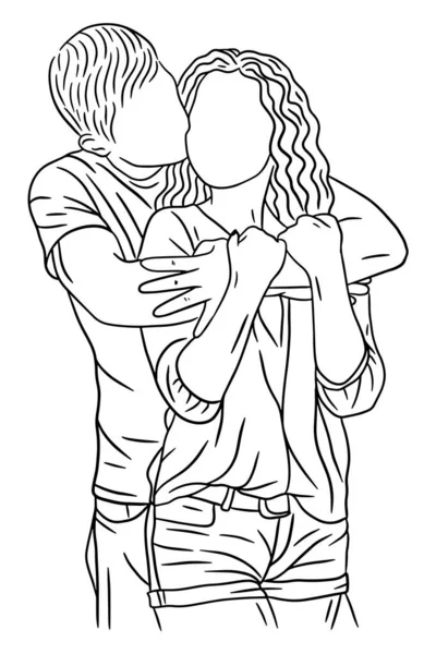 Happy Couple Boyfriend Girlfriend Women Men Girl Line Art Illustration — Stok Vektör