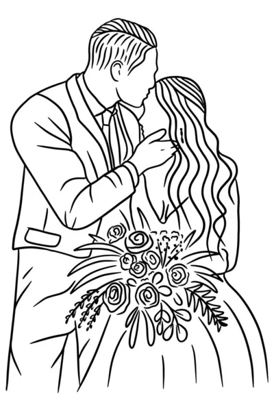 Couple Happy Wedding Women Men Wife Husband Line Art Illustration — Stock Vector