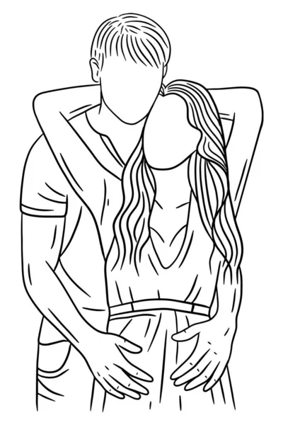 Happy Couple Boyfriend Girlfriend Women Men Girl Line Art Illustration — Stock Vector