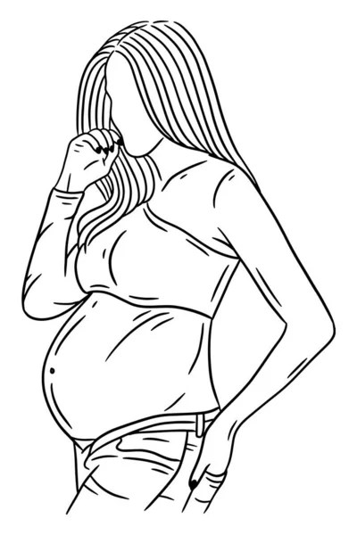 Happy Couple Maternity Pose Husband Wife Pregnant Line Art Illustration — Stok Vektör