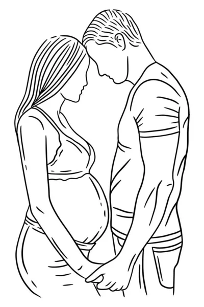 Happy Couple Maternity Pose Husband Wife Pregnant Line Art Illustration — ストックベクタ