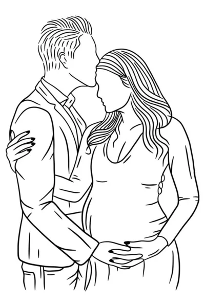 Happy Couple Maternity Pose Husband Wife Pregnant Line Art Illustration — Stok Vektör