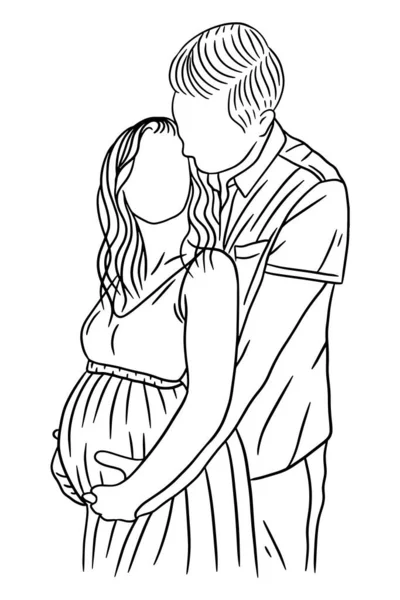 Happy Couple Maternity Pose Husband Wife Pregnant Line Art Illustration — Stok Vektör