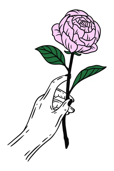 Women Hand Holding Rose Flower Gesture Flat Line Art Illustration — Stock vektor