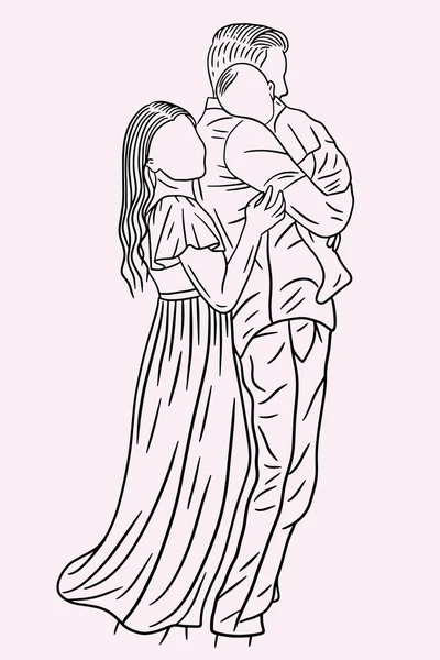 Happy Family Couple Mom Dad Child Line Art Illustration — 스톡 벡터