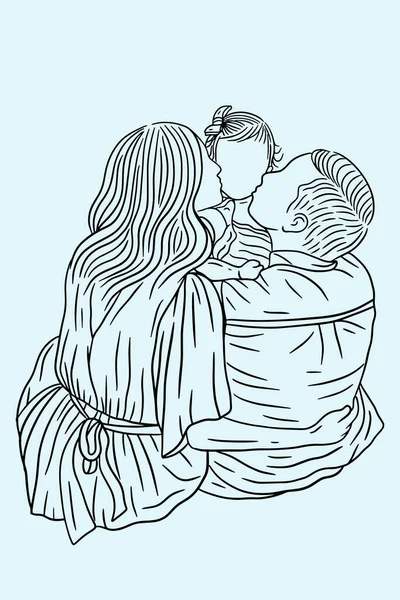 Happy Family Couple Mom Dad Child Line Art Illustration — стоковый вектор