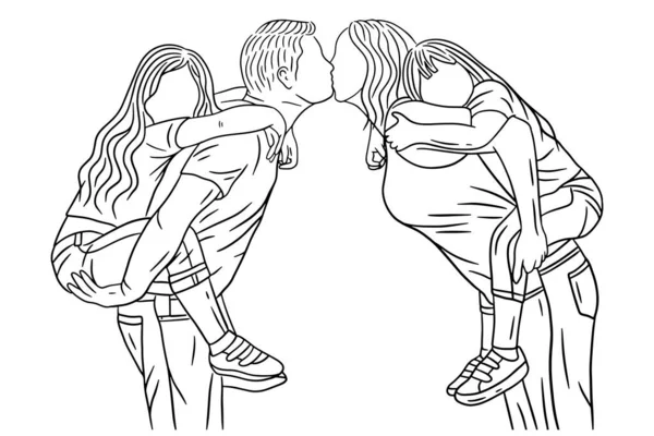 Happy Couple Boyfriend Girlfriend Women Men Girl Line Art Illustration  imagem vetorial de Morspective© 593687974