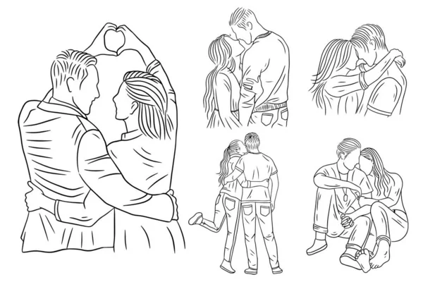 Set Bundle Line Art Drawing Simple Couple Love Boy Girl — Stock Vector