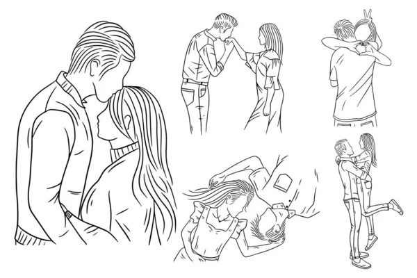 Set Bundle Line Art Drawing Simple Couple Love Boy Girl — Archivo Imágenes Vectoriales