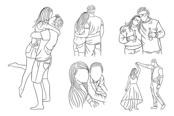 Set Bundle Line Art Drawing Simple Couple Love Boy Girl — 스톡 벡터