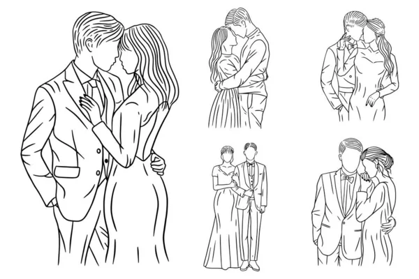 Set Bundle Line Art Drawing Simple Love Couple Wedding Happy — Stok Vektör