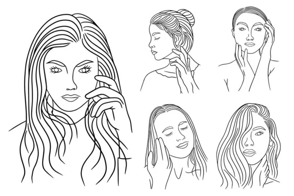 Set Bundle Line Art Drawing Simple Women Modeling Head Face — ストックベクタ