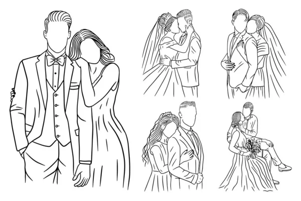 Set Bundle Line Art Drawing Simple Love Couple Wedding Happy — Stok Vektör