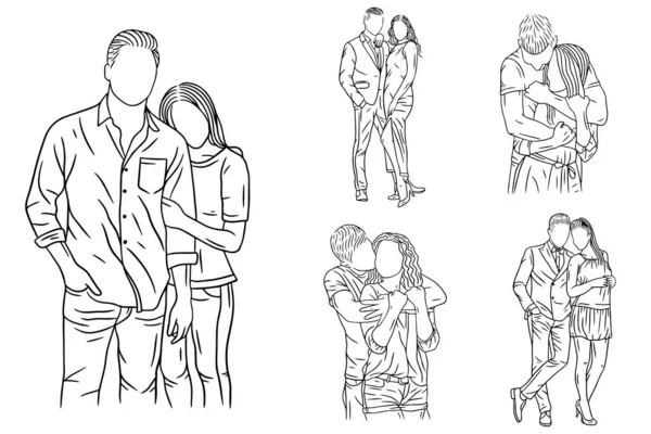 Set Bundle Line Art Drawing Simple Couple Fall Love Happy — Image vectorielle