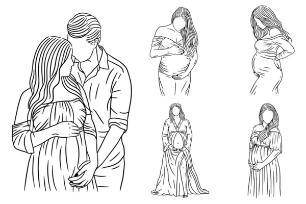 Set Bundle Line Art Drawing Simple Maternity Couple Pose Love — Stok Vektör