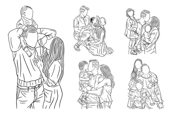 Set Bundle Line Art Drawing Simple Happy Family Kids Children —  Vetores de Stock