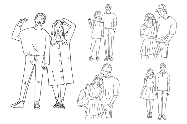 Set Bundle Line Art Drawing Simple Cute Couple Love Hand — Stock vektor