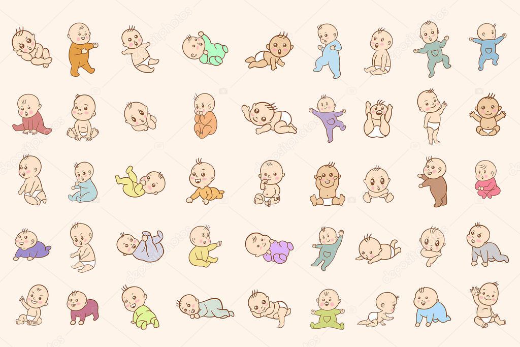 Set Mega Collection Bundle Cute Baby Babies Boy Cartoon Doodle for Kids Children Flat illustration