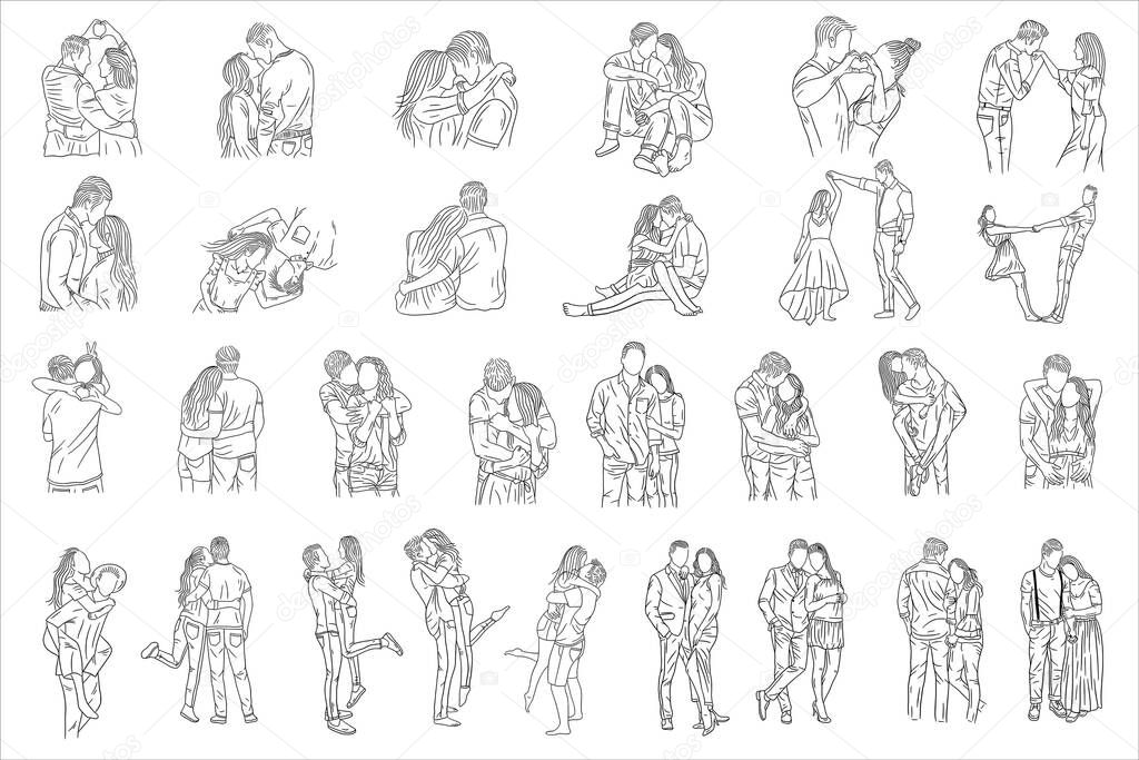Set Mega Collection Bundle Happy Together Love Couple Women Girls and Boy Friends Line Art Hand Drawn Style illustration