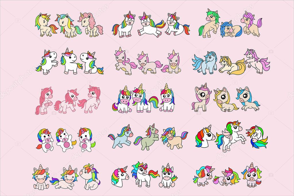 Set Mega Collection Bundle of Cute Colorful Unicorn magic Horse doodle Cartoon Animal Pet Character Happy collection illustration