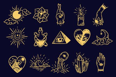 Set Collection Magical Celestial Element Dark Holly Doodle esoteric spiritual occultism vintage boho line hand drawn