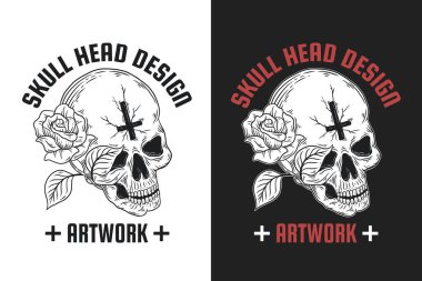 Koyu Çizgili Kafatası Kemik Başı Taslak Dış Hatlar Mistik Sembol Dövme Ticaret Tişörtü Eski Tişört